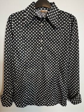 Vintage Black and White Polka Dot Long-Sleeve Blouse Women 70’s Size S